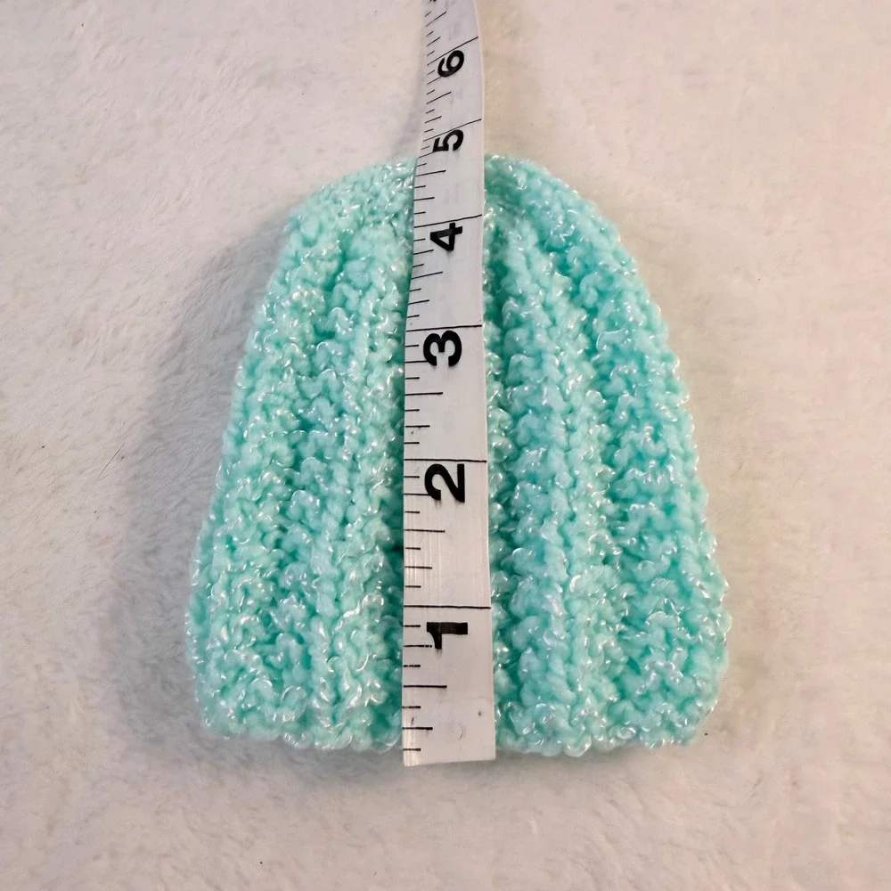 Handmade Knit Beanie Preemie Aqua Blue New Shimmer Ribbed Photo Prop Gift
